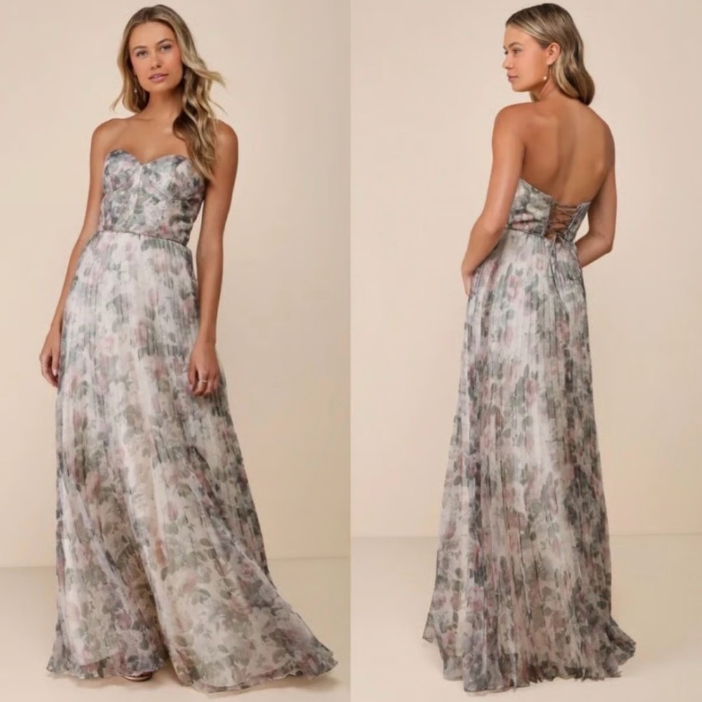 NWT Lulus Most Beautiful Day Ivory Multi Floral Print Organza Maxi Dress Size XL